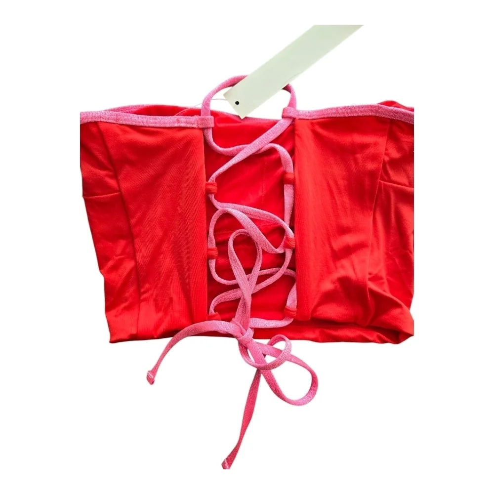 Aqua Red Lace Up Cropped Tankini Top, SIZE Large